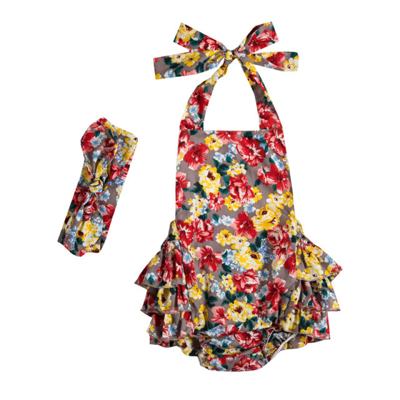 Super Quality Cotton Backless Baby Girls Rompers Flower Printed Halter Kids Rompers With Headband