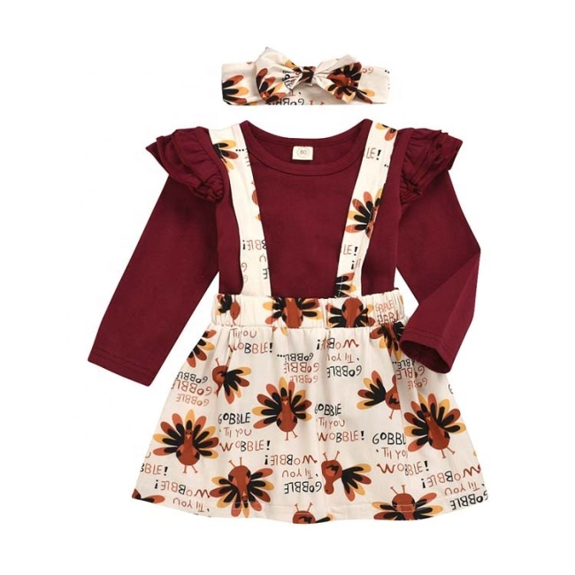 2021 manufactory korean turkey cartoon ruffles toddler girl shirt dress 2 piece set infant clothing baby
