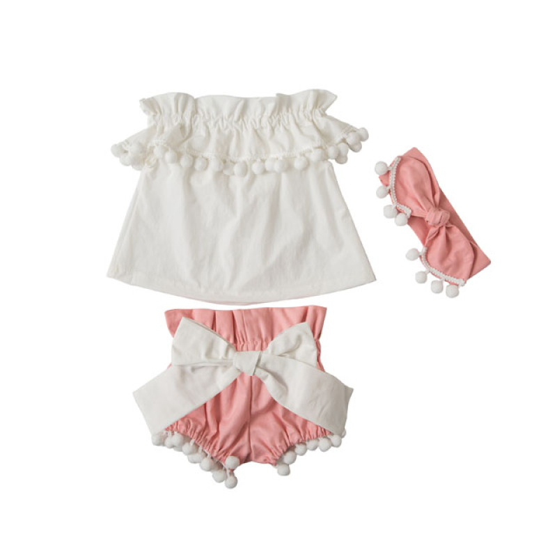 Factory Direct Sale Baby Girl Off Shoulder Pompom Clothes Sets Outfits For Summer