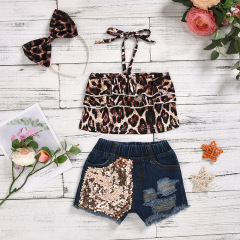 Wholesale Kids Girls Leopard Strappy Shirts and Sequin Denim Shorts Set With Bow
