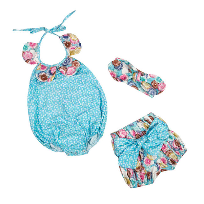 Baby Infant Girls Floral Halter Romper With Short Pants And Headband Outfit Set