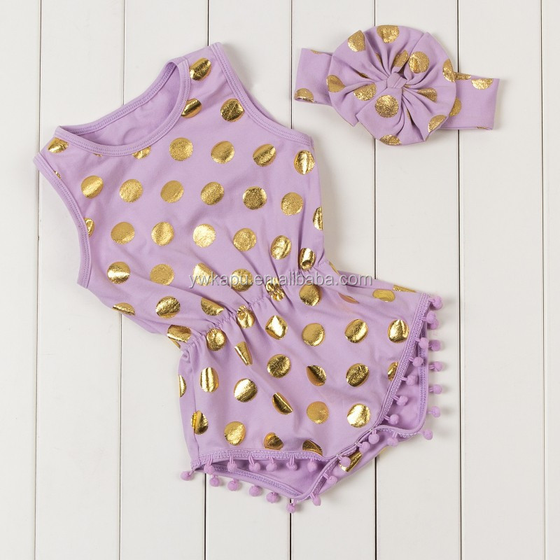 2018 Baby boutique clothes Hot stamping polka dot romper baby girl bodysuit pompom romper