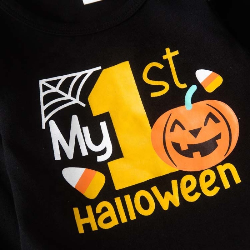 Hot sale korean cotton halloween black pumkin baby long pants romper