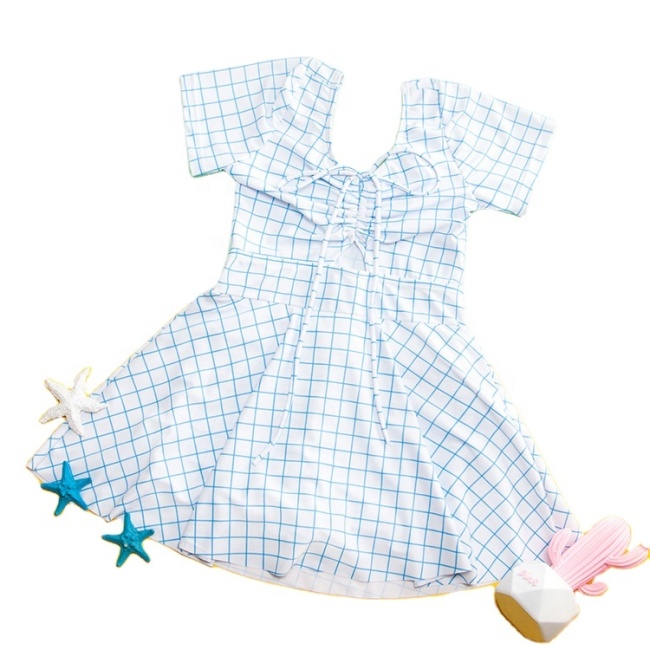 2021 factory pastel plaid front tie ruched bikini children beach wear