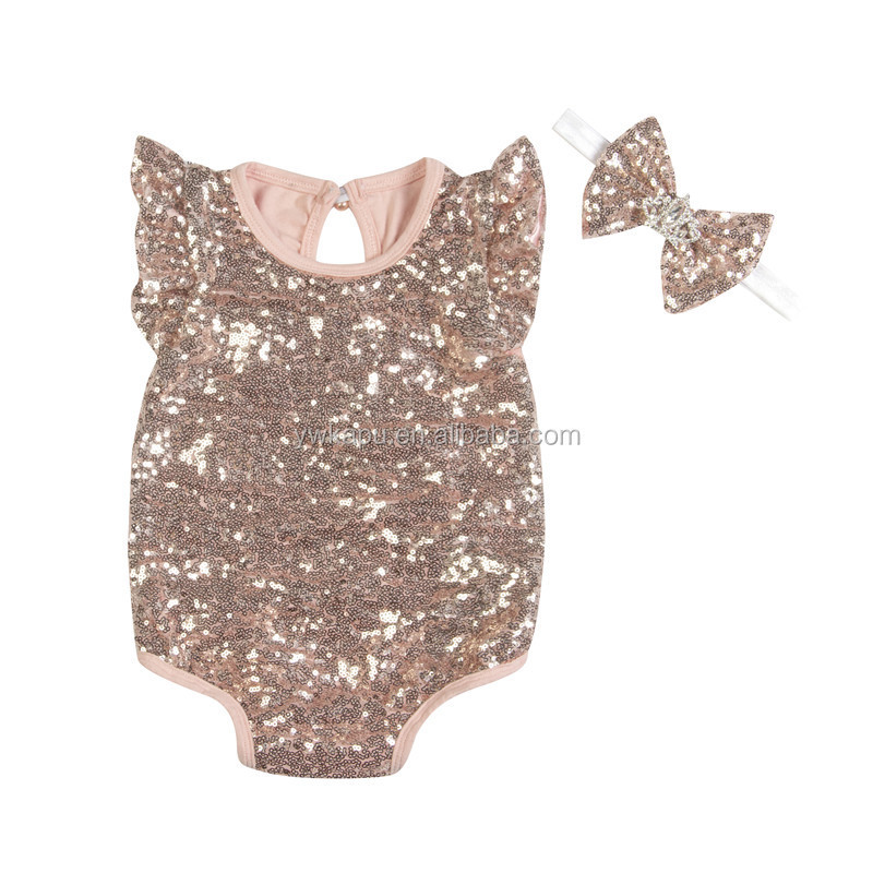 Plain Sequin Romper with Matching Crown Headband Baby Onesie from Yiwu
