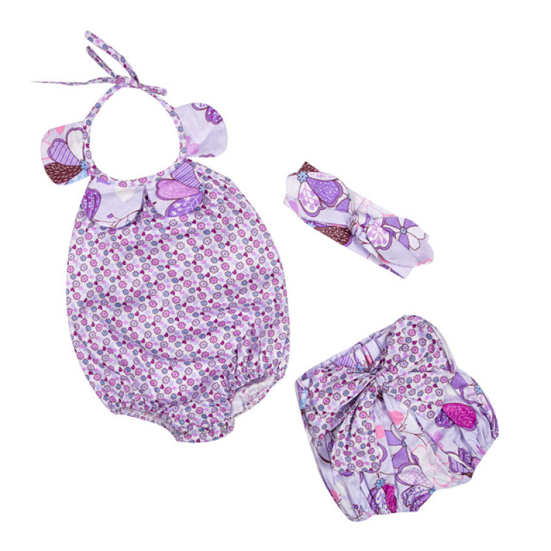 Baby Infant Girls Floral Halter Romper With Short Pants And Headband Outfit Set