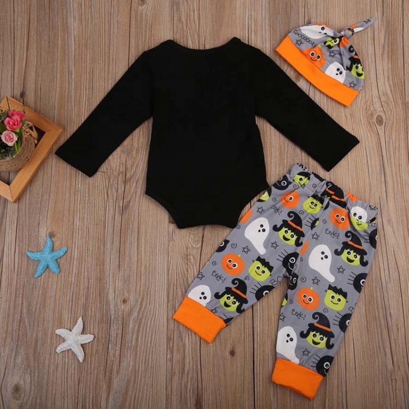Manufacture halloween kids clothes 3pcs cartoon printed rompers hat clothing sets