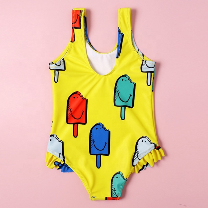Hot selling yellow one piece custom ruffle swimsuit dress cartoon swimwear
