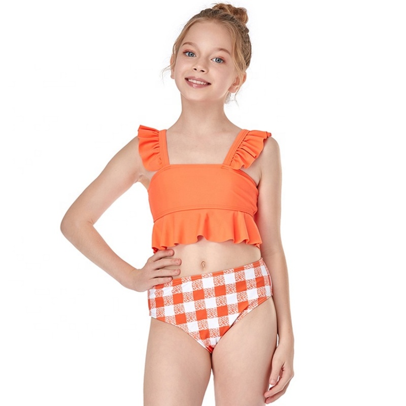 2021 blue red oranje ruffle high waist swimsuit two piece plaid bikini