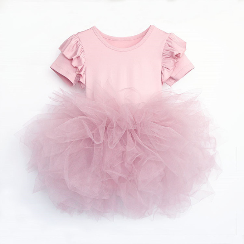 Ruffle Sleeve Cute Princess Pink Birthday Party Tutu Dance Dress For Girl