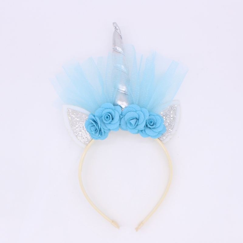 Wholesale Gold elastic designer birthday party cat ear flower  unicorn horn gauze headbands for baby girls