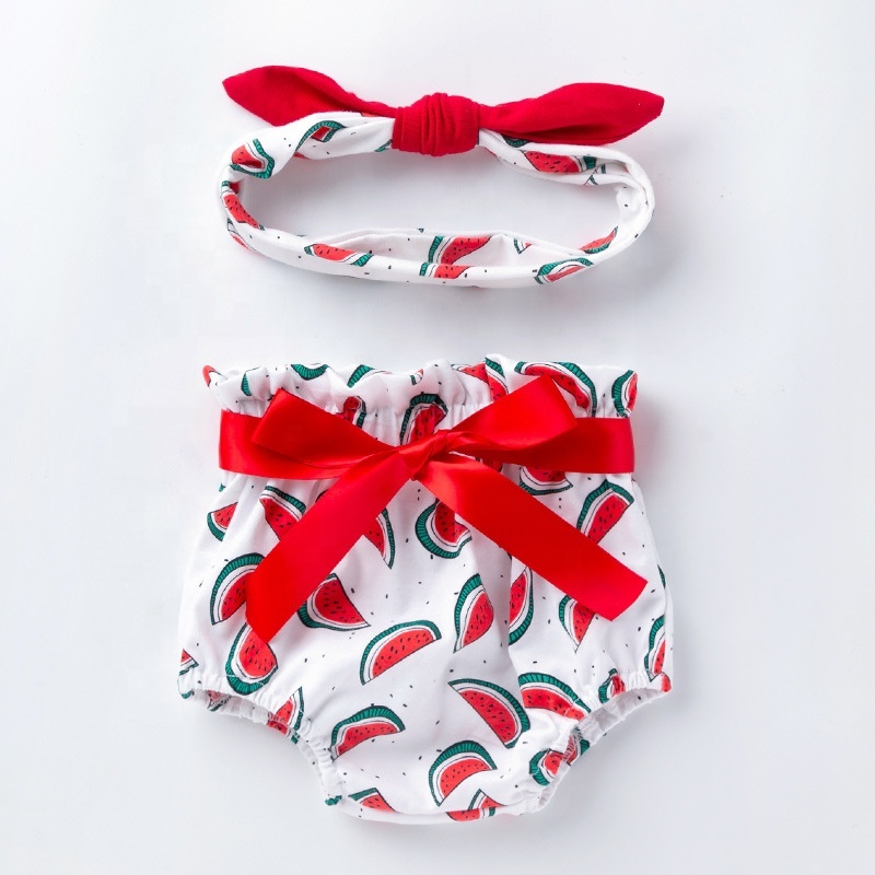 2021 korean cute cotton breathable  bow bloomer headband baby girl boutique clothing set