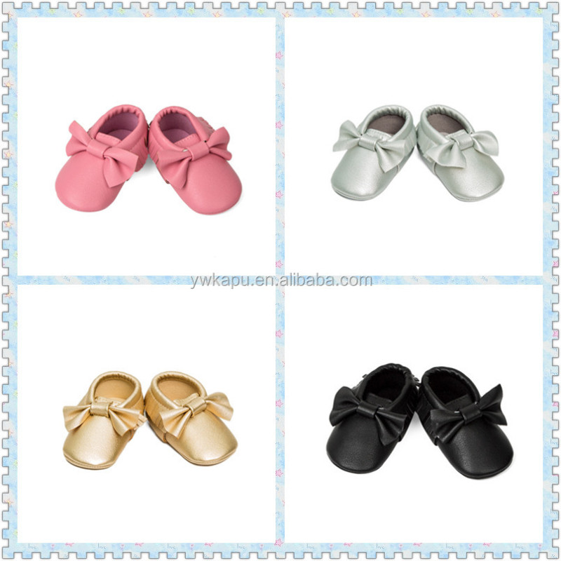 Wholesale leather baby shoes baby moccasin gold baby shoes with bow