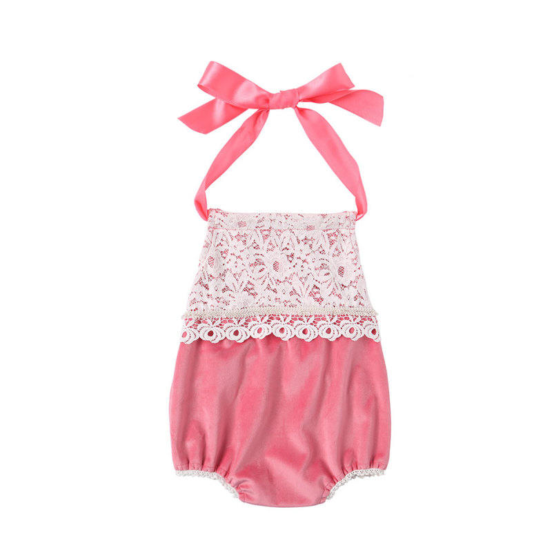 Newborn baby girl fashion clothes halter lace ribbon bow knot  decorated baby clothing romper
