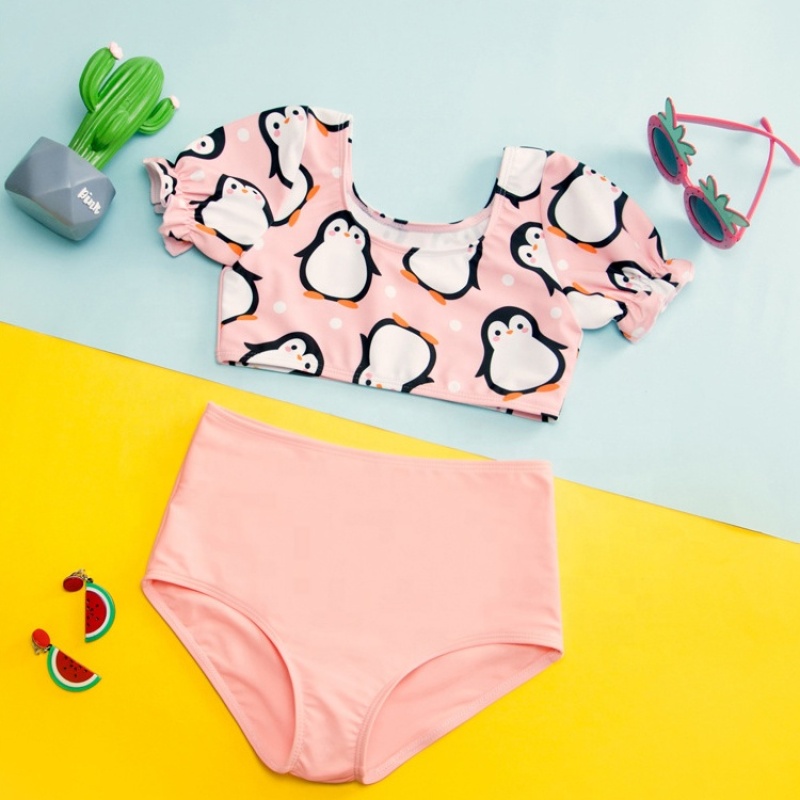 2021 boutiques little girls pink swimsuit swimwear girl sleeve bikini