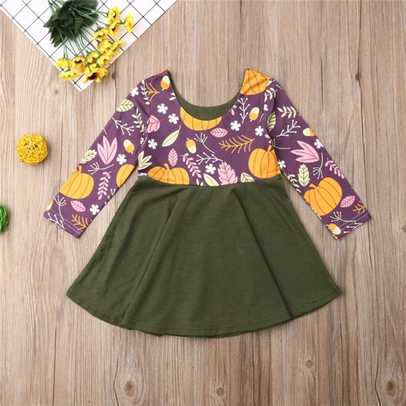 Factory pumpkin printed long sleeve dress infant girl kids clothes
