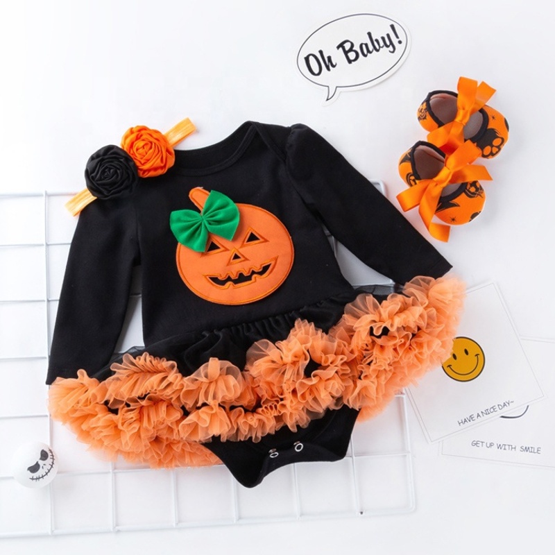 2021 fall black little girls pumpkin printed clothes tutu dresses 3 piece set