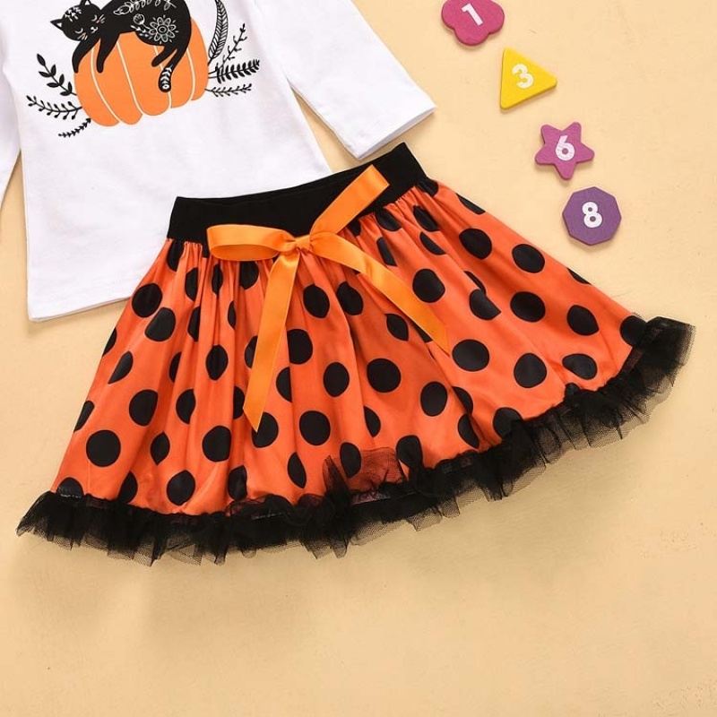 Cheap high quality trendy pumpkin polka dots toddler tutu bow skirt