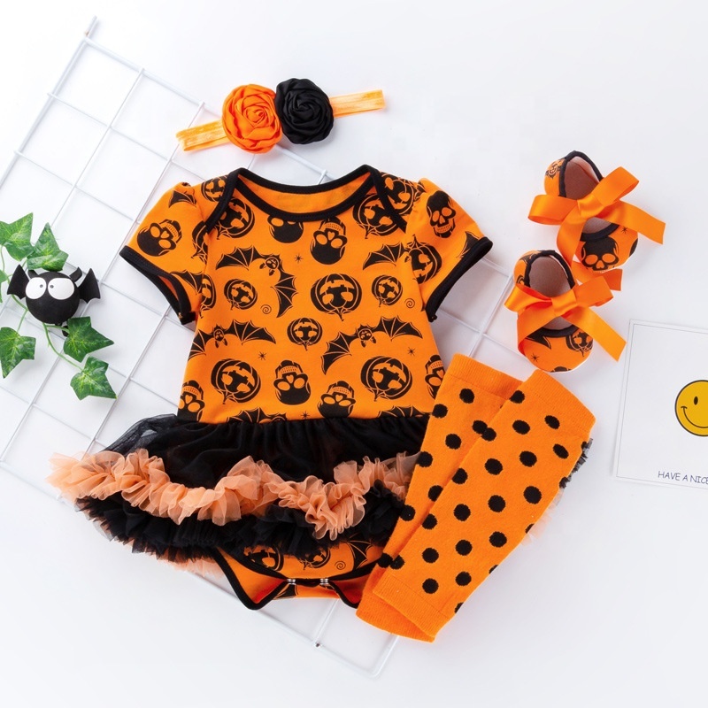 Halloween boutique luxury creative puff sleeve tutu skirt tulle baby girl clothing set
