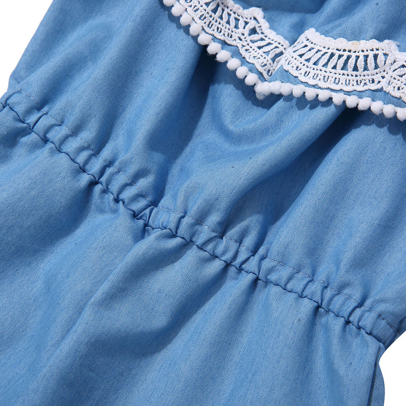 Wholesale  Ruffle Baby Girl Rompers  Denim  O-neck Lace Denim romper Clothes Jumpsuit