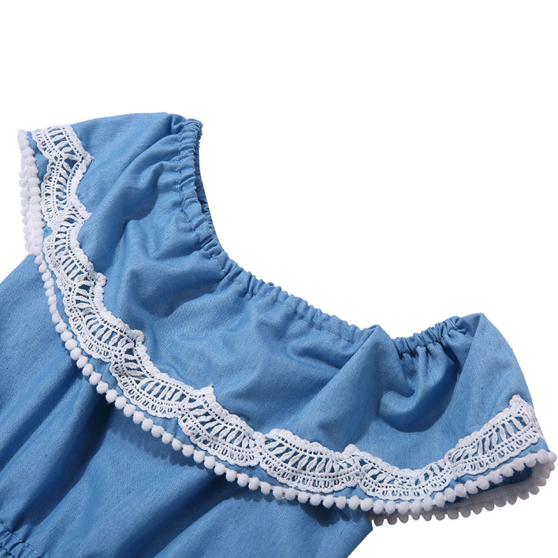 Wholesale  Ruffle Baby Girl Rompers  Denim  O-neck Lace Denim romper Clothes Jumpsuit