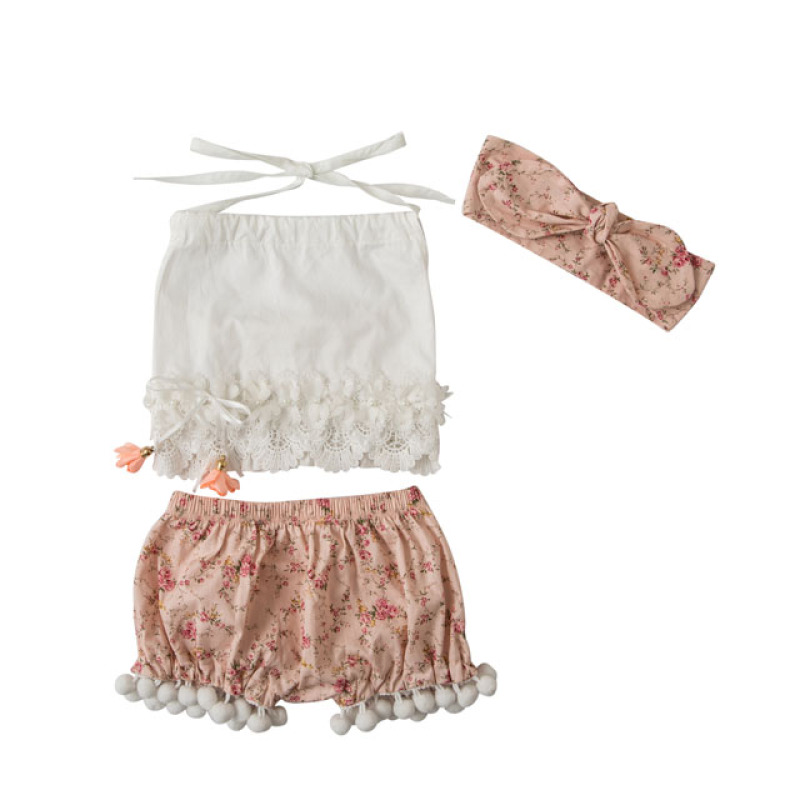 Wholesale Boutique Kids Lace Tank Top And Floral Pompom Shorts Clothing Outfit Set With Headband 