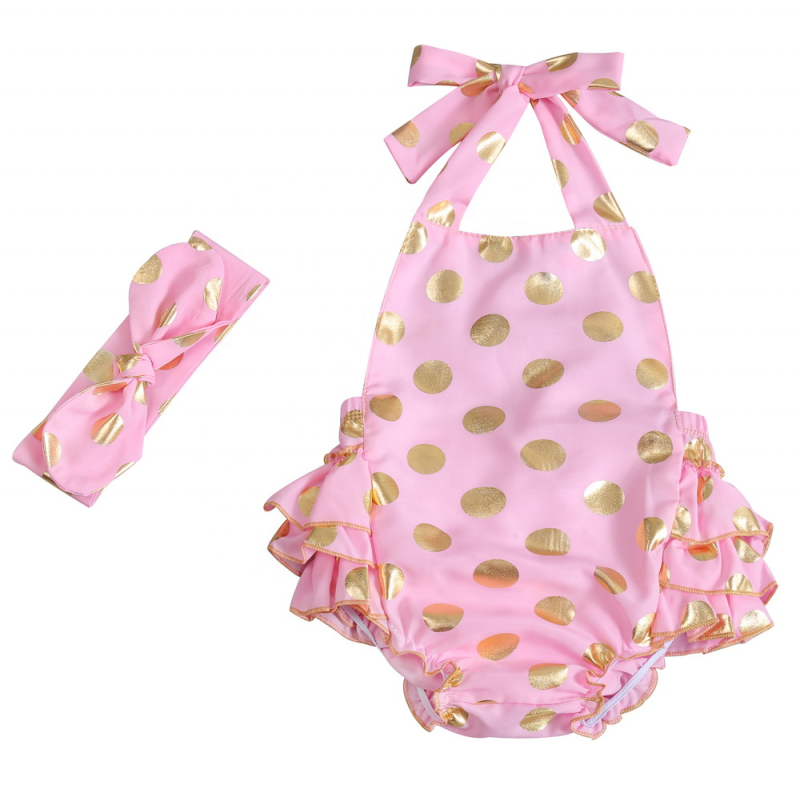 Hot Sale Girls Many Colors Summer Polk Dots Sequin Ruffles Romper Halter Baby Rompers