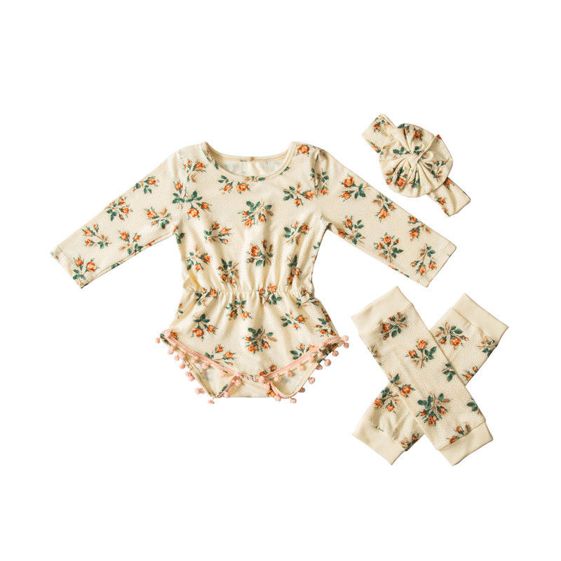 Newborn girls boutique clothing baby flower romper set socks +headband 3 pcs