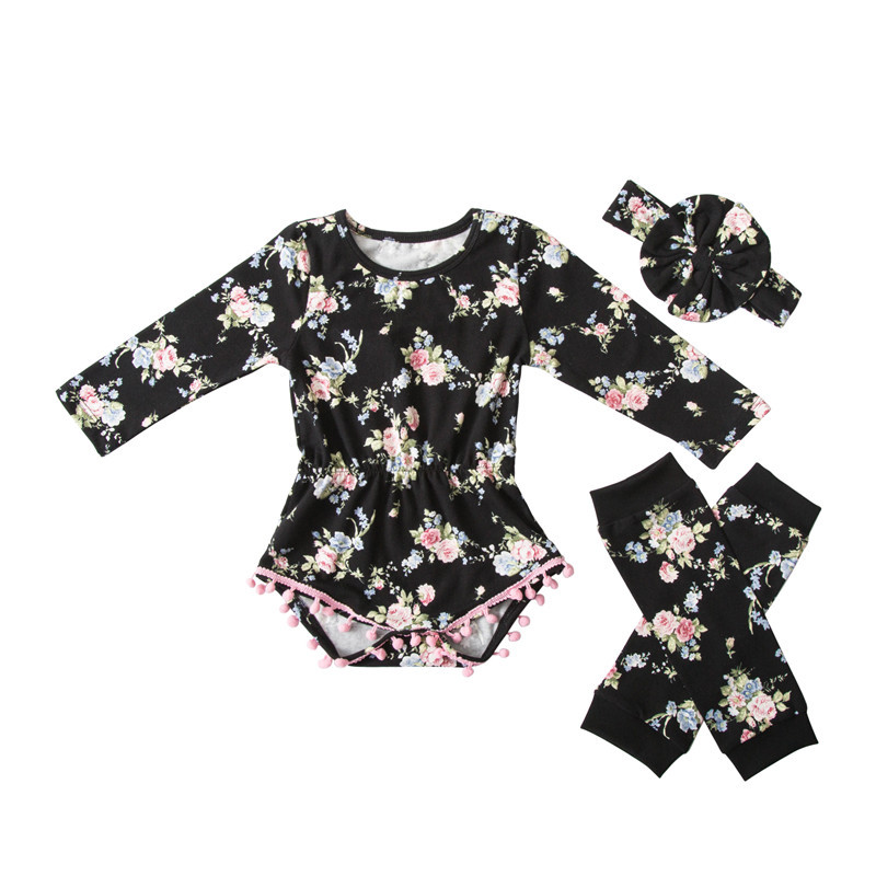 Newborn girls boutique clothing baby flower romper set socks +headband 3 pcs