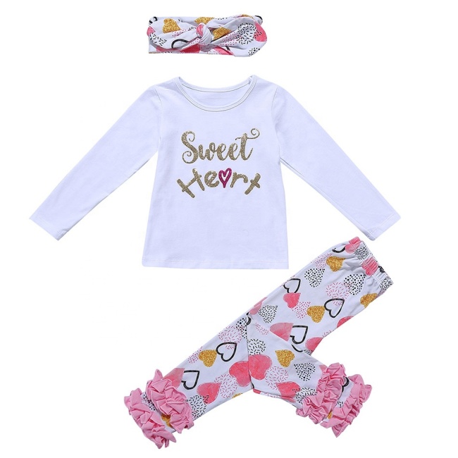 China Factory Wholesale Sweet Kids Girls Spring Outfit with a Headband 3 Pieces Sets