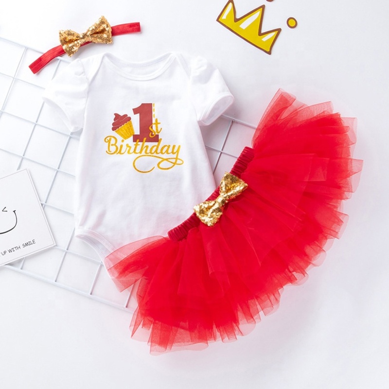 Factory Wholesale Girl Cotton Baby Romper Set With Tulle Skirts And Headband 