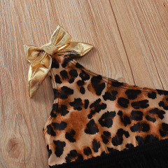 Wholesale Fashion Soft Fabric Leopard Printed Baby Girls Swimsuit Set with Black Fringe