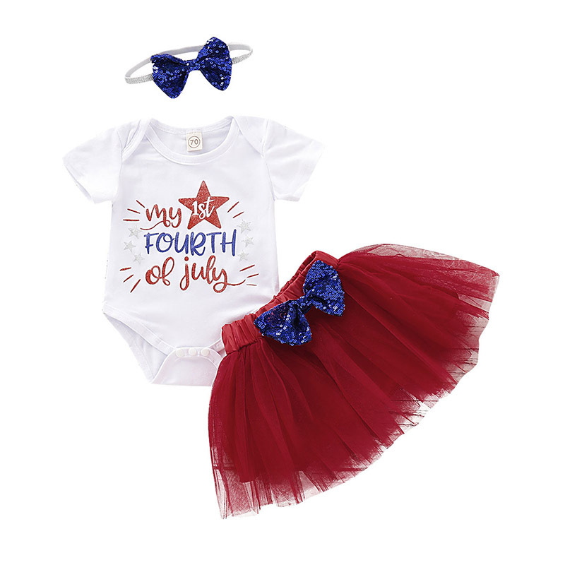 Hot Sale Pretty 4th Of July Baby Toddlers Short Sleeve Romper And Red Dresses With Sequin Bow