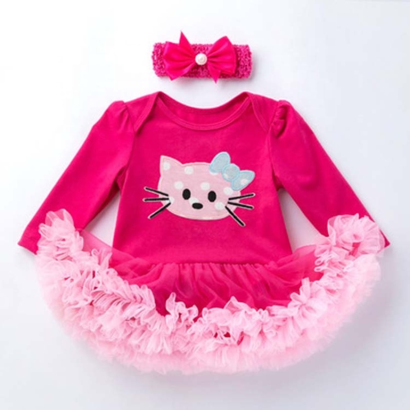 Hot Sale Long Sleeve Newborn Baby Girl Birthday Party Dress With Headband 