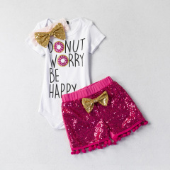 Wholesale Custom Stylish Baby Girls Letters Printed Top With Sequin Shorts Set