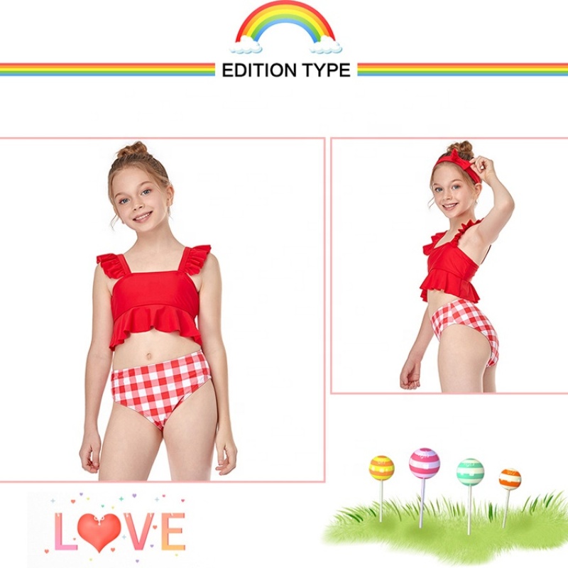 2021 blue red oranje ruffle high waist swimsuit two piece plaid bikini