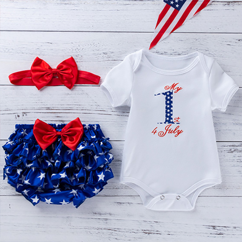 wholesale 4th of July cotton infant baby romper bloomer clothing set