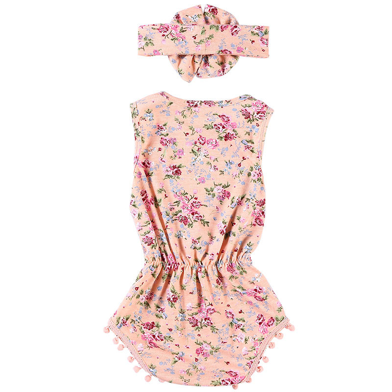 Wholesale  ruffle pompom romper with flower  headband sets fancy baby girl romper outfits