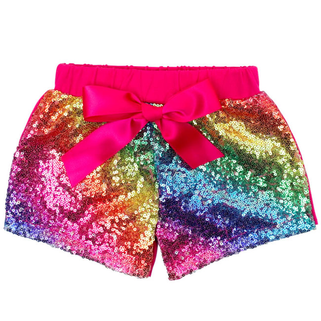 Wholesale Customized Design Cotton Rainbow Sequins Glitter Baby Girl Shorts With Bow