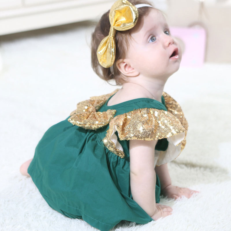 Wholesale Boutique Stylish Backless Baby Girls Dresses Rompers Jumpsuit with Sequin Ruffle Sleeve and Bow