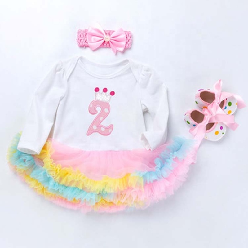Wholesale Long Sleeve Baby Girl Birthday Outfit Dress With Baby Shoes And Headband Set