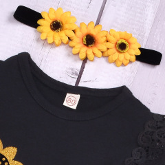 Wholesale Organic Cotton Knitted Sunflower Pattern Romper And Skirts With Headband Set
