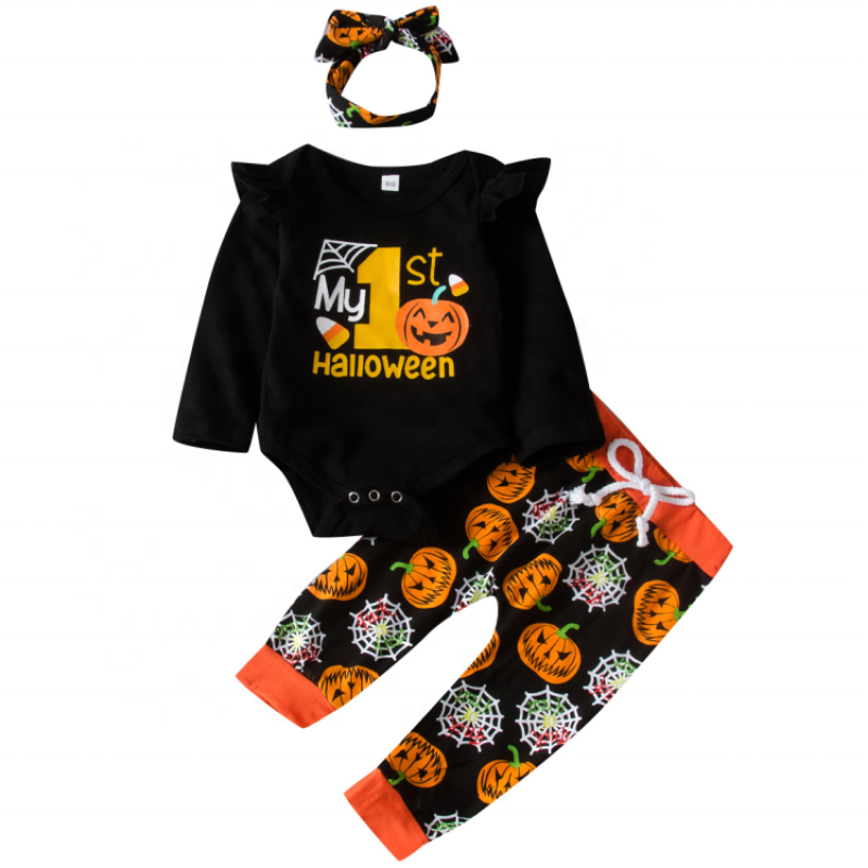 Hot sale korean cotton halloween black pumkin baby long pants romper