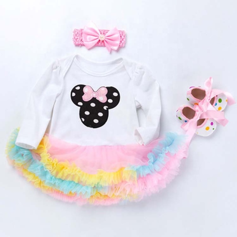 Wholesale Long Sleeve Baby Girl Birthday Outfit Dress With Baby Shoes And Headband Set