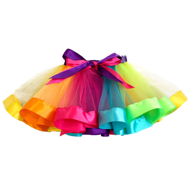 Hot Sale Multicolor Birthday Dance Tulle Rainbow Ribbon Bow Baby Girls TUTU Skirts
