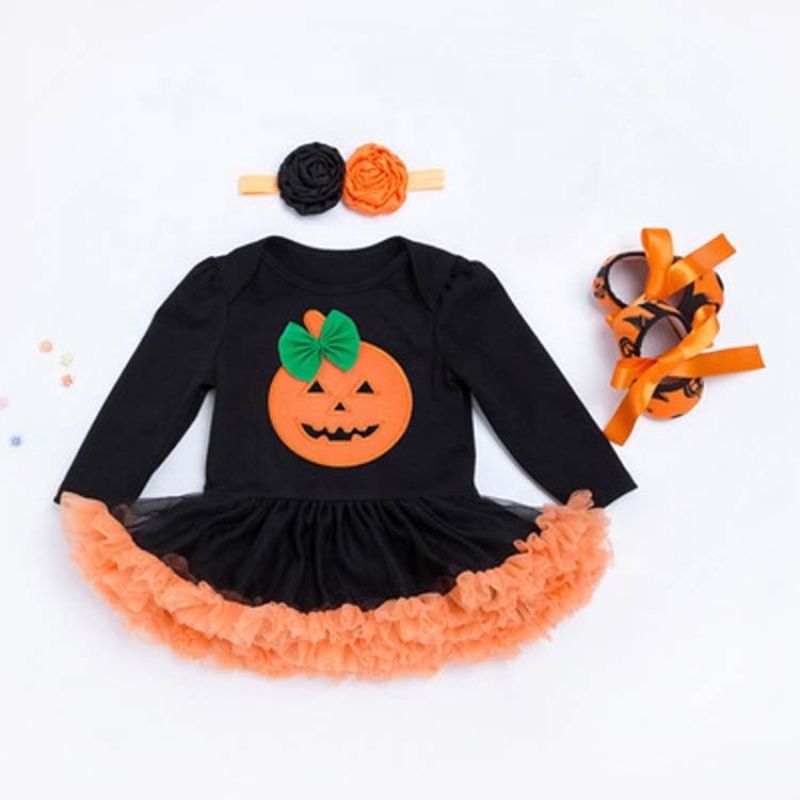 2021 fall black little girls pumpkin printed clothes tutu dresses 3 piece set