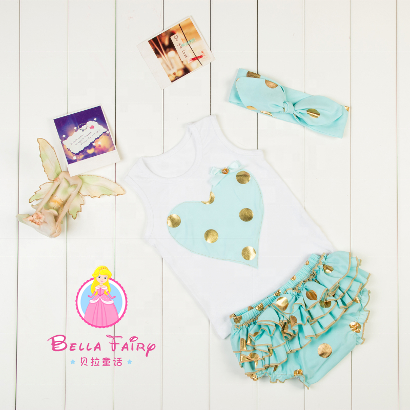 Boutique Children's Clothing Baby Girls Gold Polka Dot Cotton Ruffle Tee Shirt Match Shorts Outfits