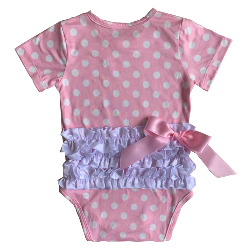 New arrival summer pink polka dots bodysuit baby boutique icing romper with ribbon bow
