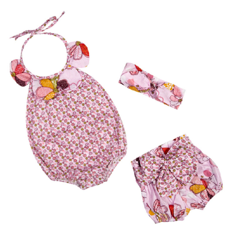 High Quality Infant Vintage Floral Summer 3 Pcs Kids Newborn Baby Clothing Set With Headband
