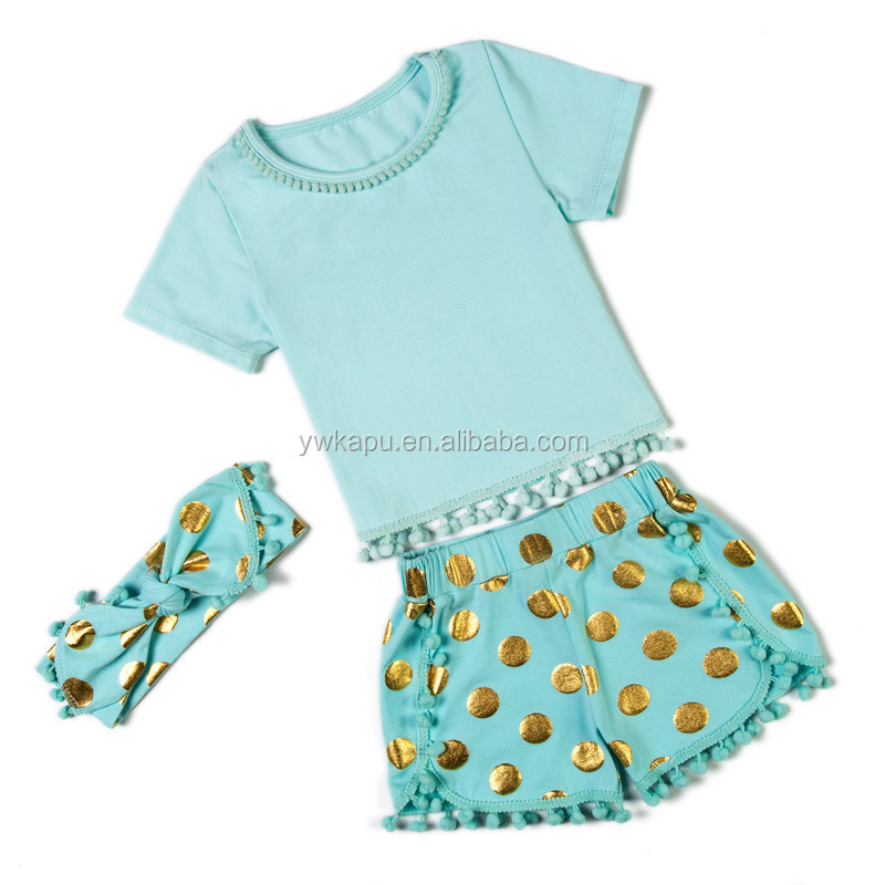 Little Girls Boutique Baby Pompom Clothes Outfit Set With Headband For Children Back To School 